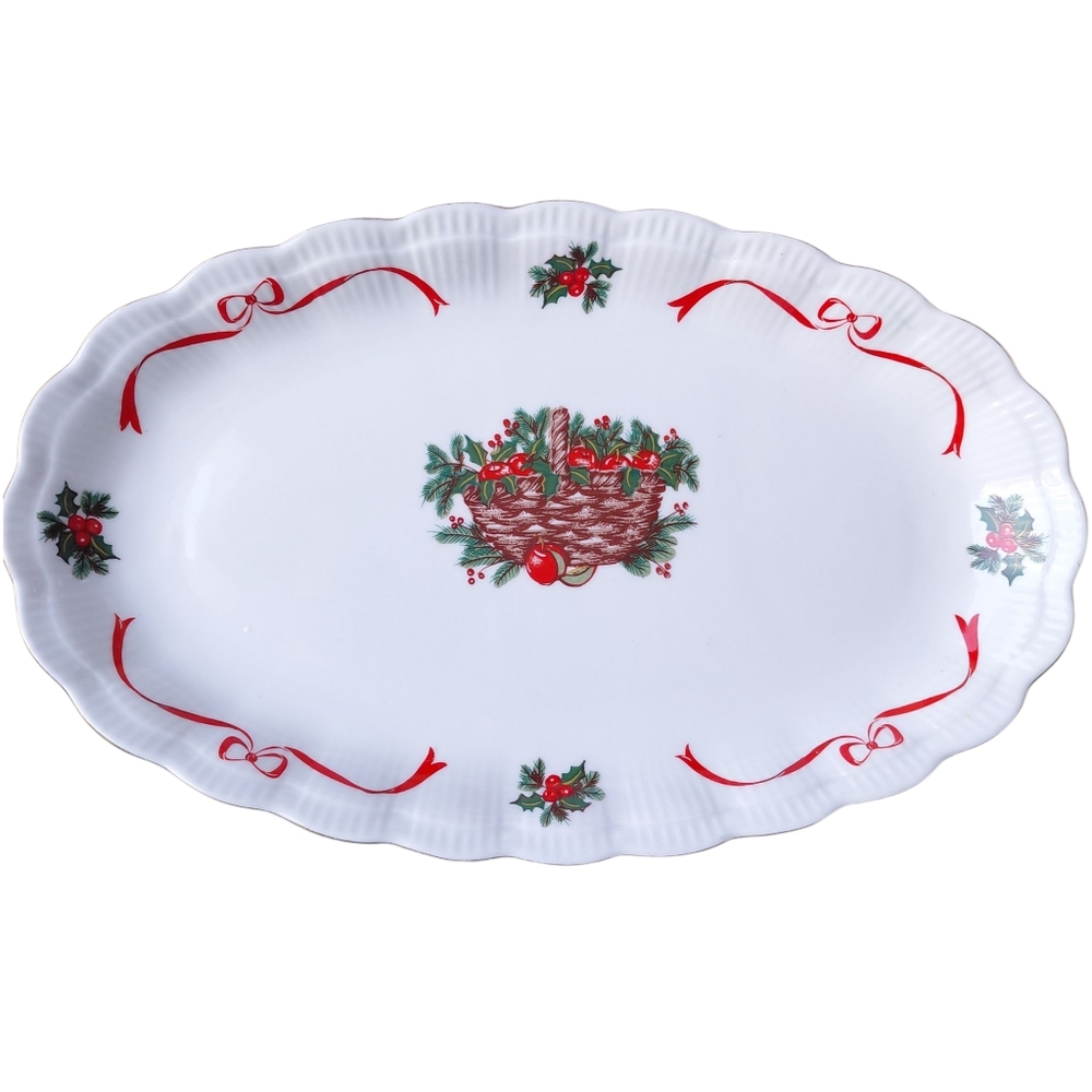 Vintage Walbrzych Holiday Ribbon Oval Serving Platter 13"